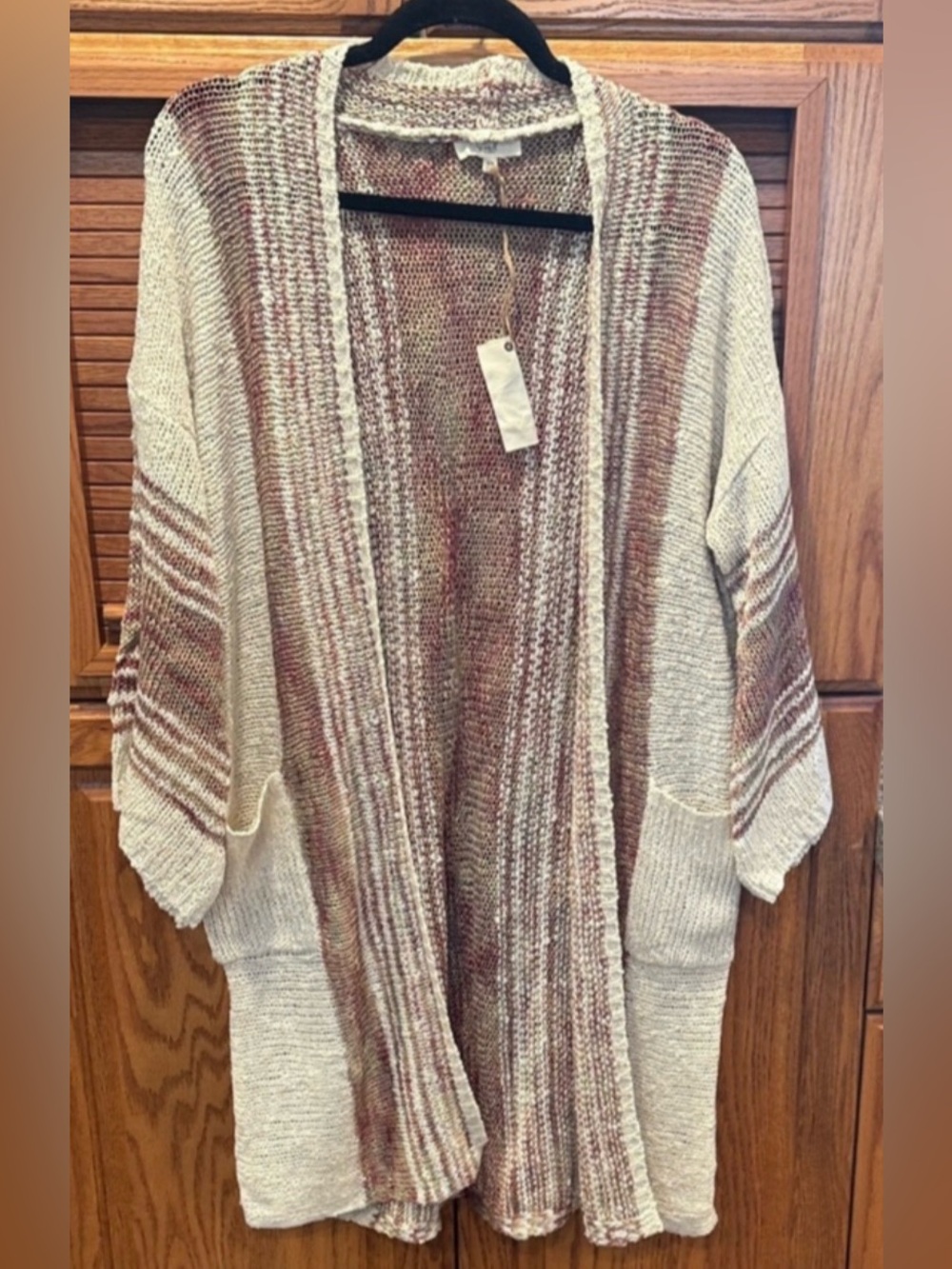 NWT Easel Boho Beach Oatmeal Striped Baja | Knit Open-Front Throw Cardigan - Picture 3 of 16